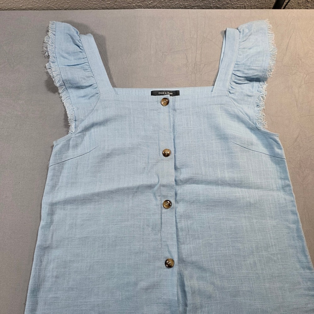 Doe & Rae Lightโ Blue Ruffle Button Front Frayed Hem Tank Top Square Neck Boho